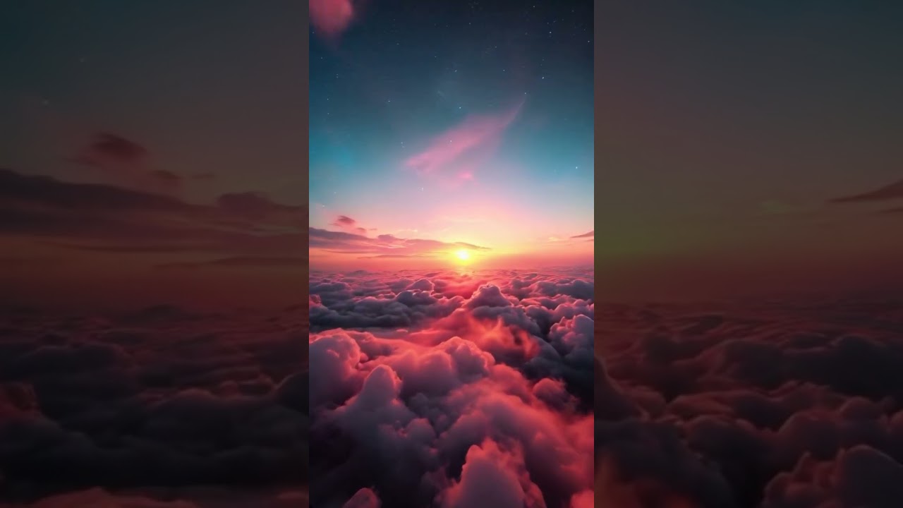 Pink sunrise over ocean of clouds