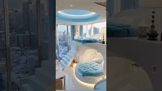 Cozy Futuristic Bedroom With Blue Aesthetic City View Interior