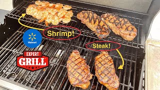 Walmart Expert Grill 4 Burner Cast Iron Gas Grill! / Shrimp and Steak! / Awesome!