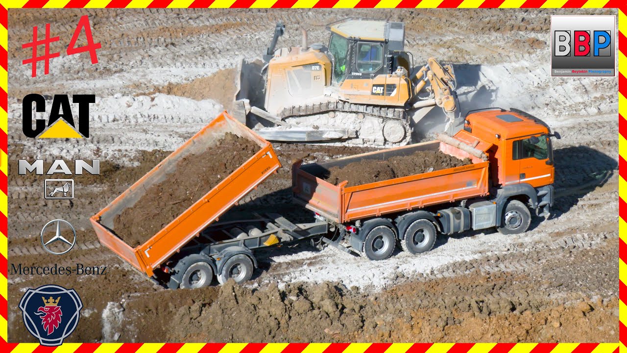 CAT D7E, MAN, Mercedes, Scania Trucks, Refilling a Quarry, 2023. #4