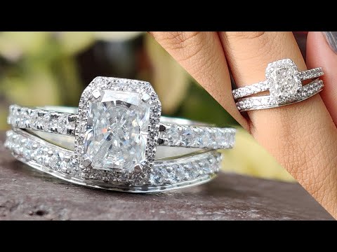 2.93-tcw-radiant-colorless-moissanite-hidden-halo-ring-with-curvey-stackable-band-|-wedding-band
