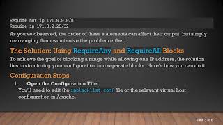 How to Block a Range of IP Addresses in Apache 2.4 While Allowing One Specific IP