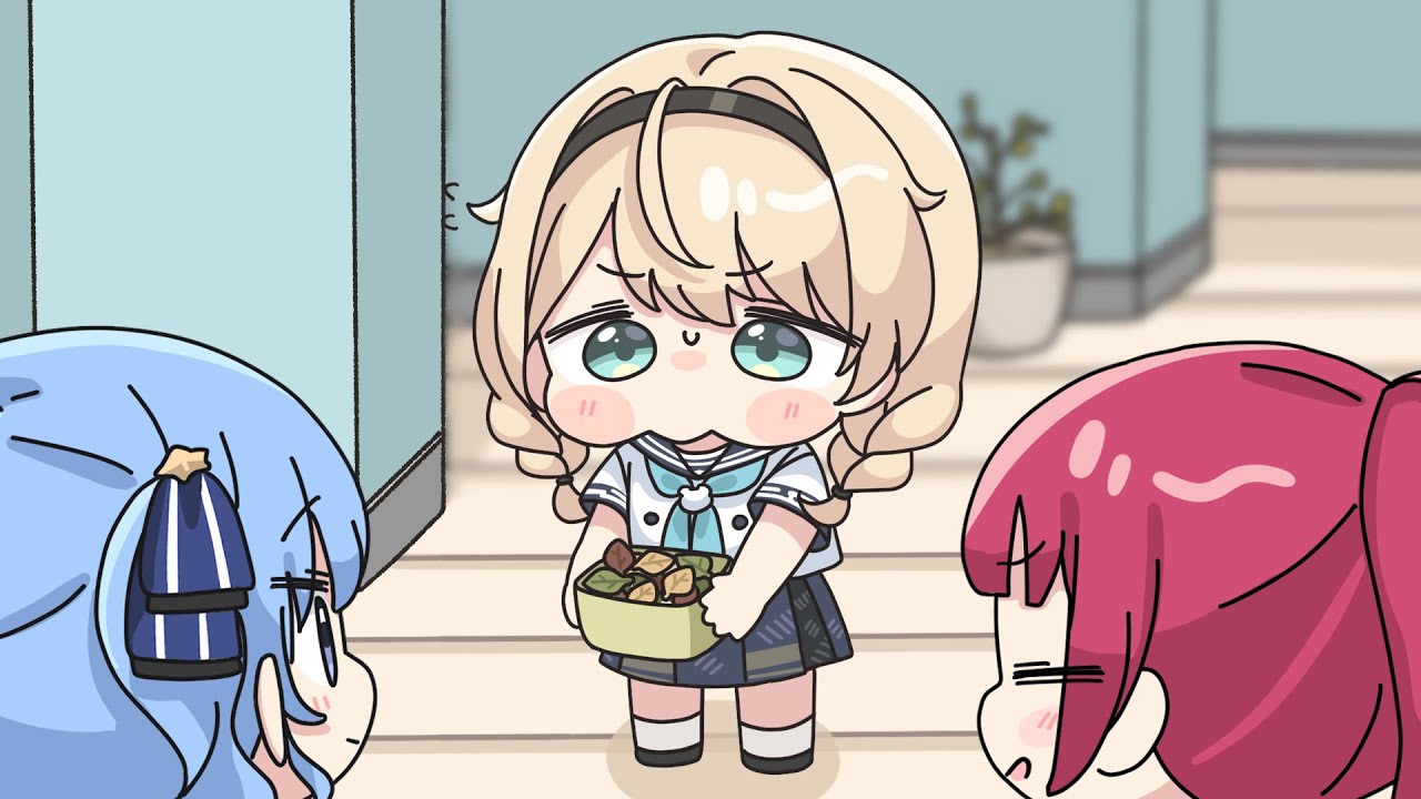 Iroha hands cookies to Suichan while being cheered on by Marine and Ao-kun[Animated Hololive/Engsub]