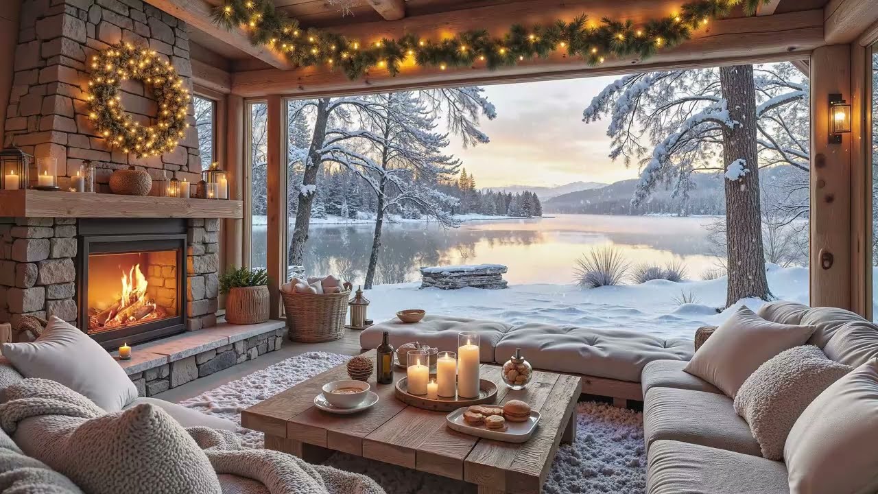 Cozy Winter Snowfall on a Lakeside Porch Ambience ❄️ Soft Piano & Fire Crackles for Deep Relaxation