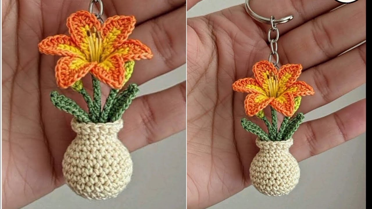 crochet keychain flowers 🌹 with Vase for biginners crochet idieas