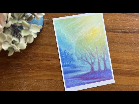 如何畫出黃藍色漸層的樹 ｜粉蠟筆 油粉彩 色鉛筆 繪畫技法