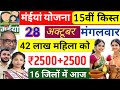28 अक्टूबर | आज ये 16 जिलों में ✅ 2500+2500 | maiya yojana ka paisa kab milega | maiya yojana 2500