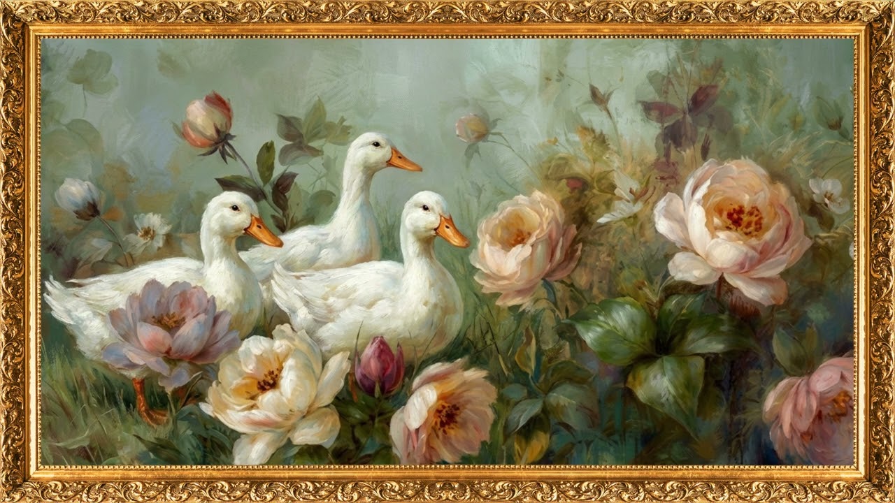 Serene Pastoral Trio | White Ducks & Peonies | Vintage 4K Ambient TV Art Display