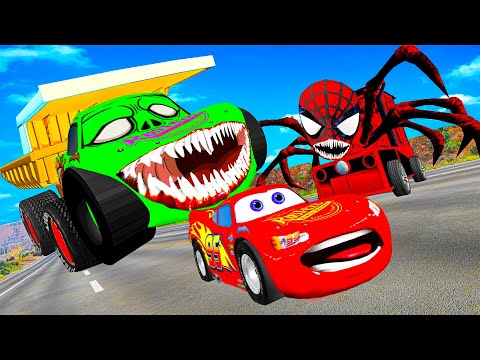 Lightning McQueen and FRIENDS vs SPIDERMAN ChooChoo Charles ZOMBIE BALAZ Pixar cars in  BeamNG.drive