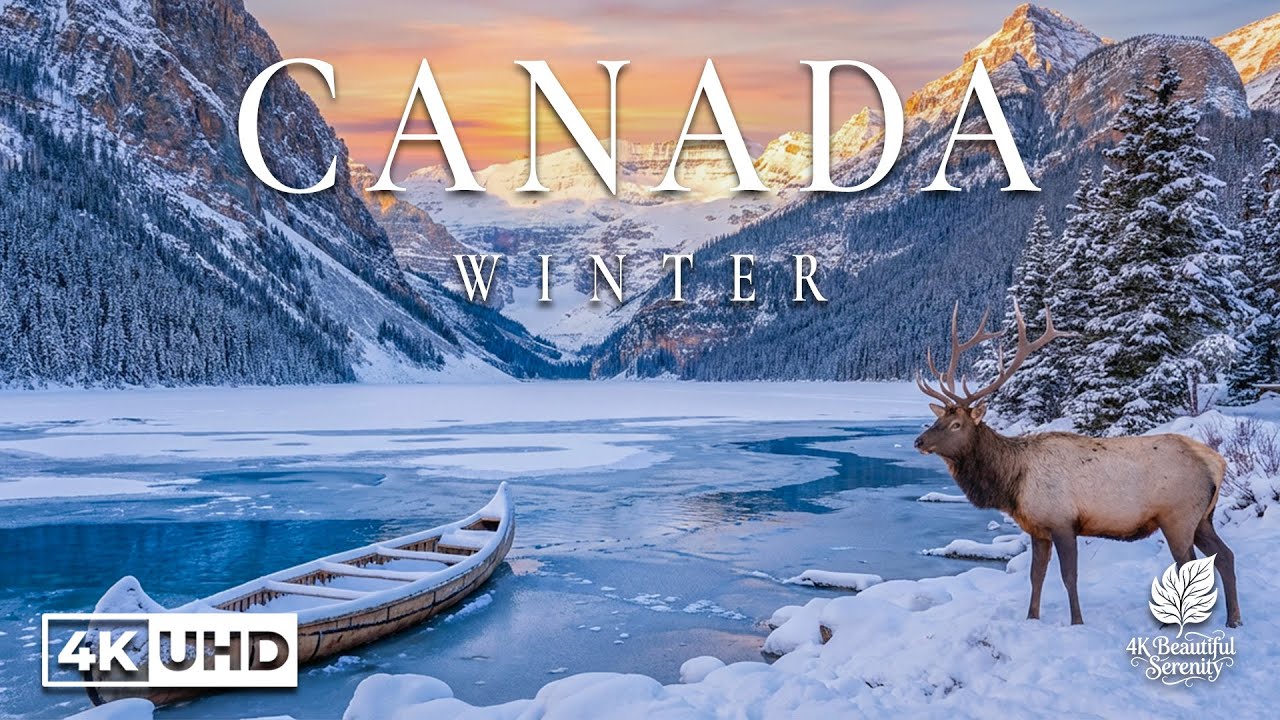 Канада зимой 4K — заснеженные горы, замерзшие озера и бесконечные приключения.
