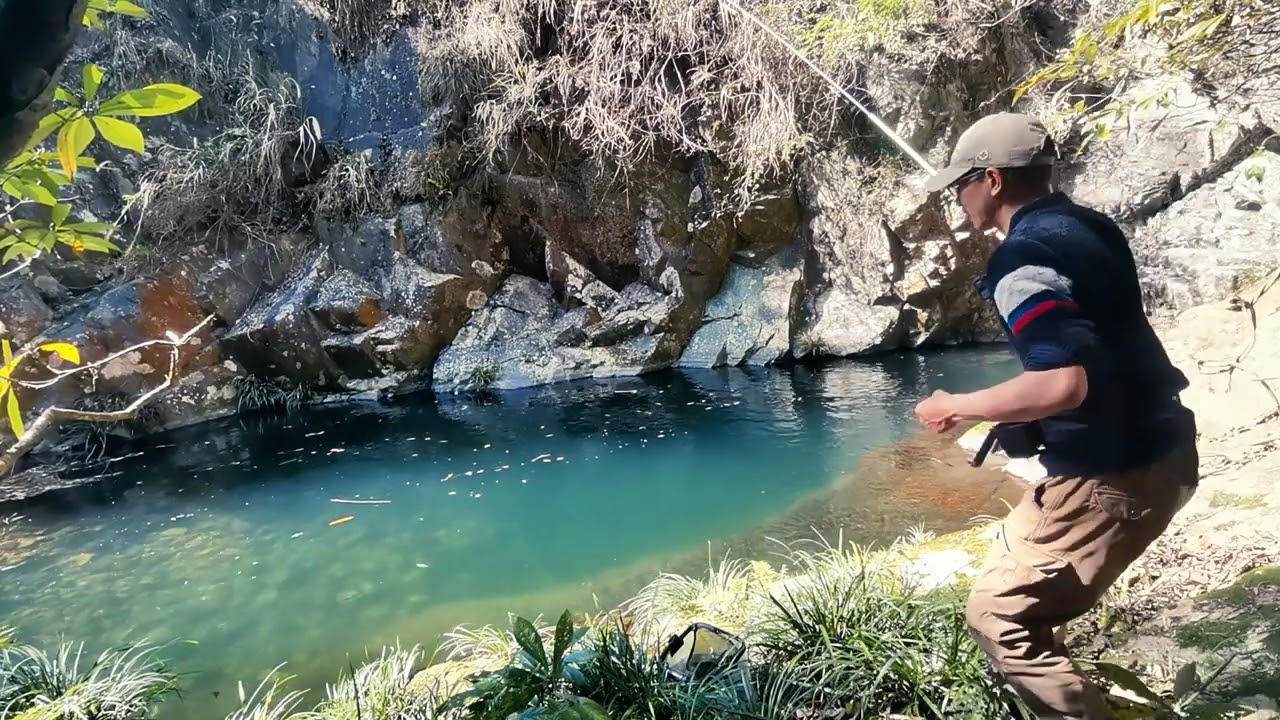 Hunting remote mountain creek fish in China. Get beautiful small fish happy travel.