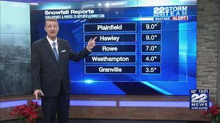 Snowfall totals and damage reports across western Massachusetts