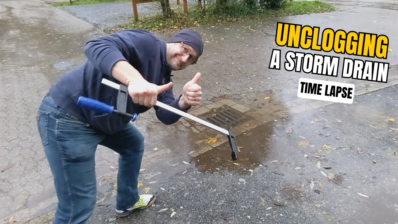 #009 - Time lapse - Unclogging a storm drain after rain on a gravel car ...