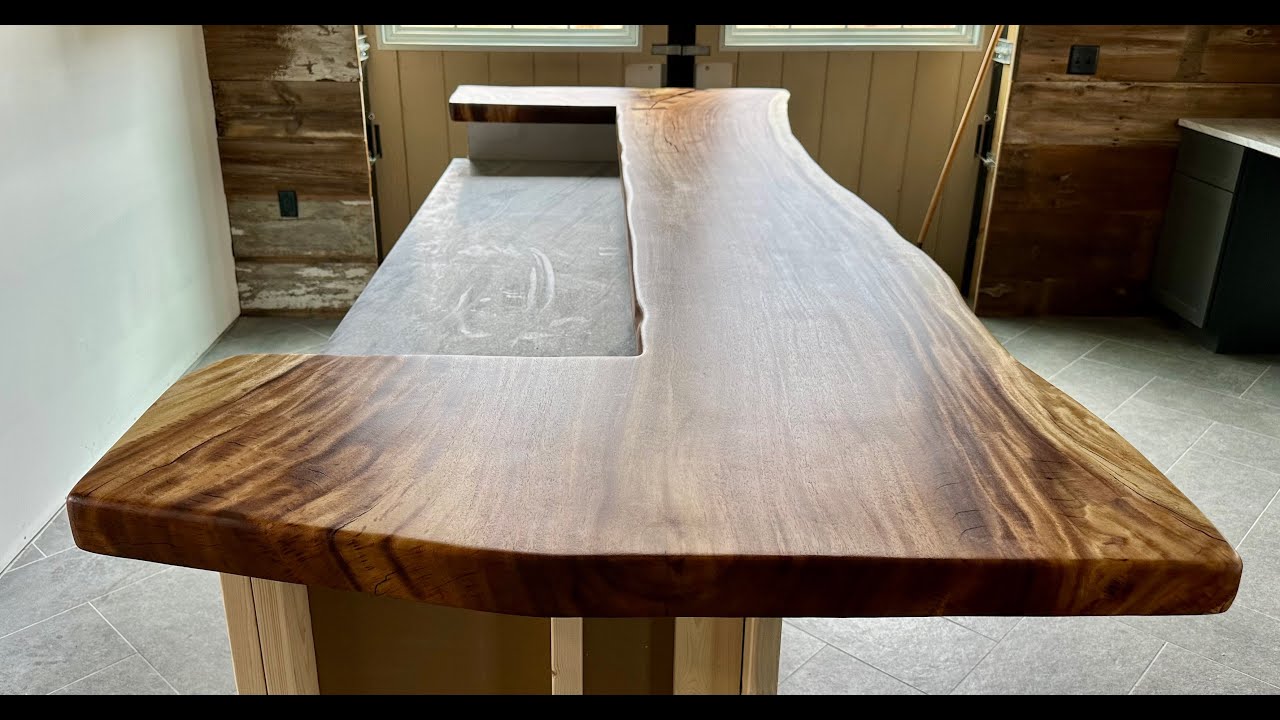 Custom Monkeypod Wood Bar-top with Bowtie Stitch Detail and Live Edge
