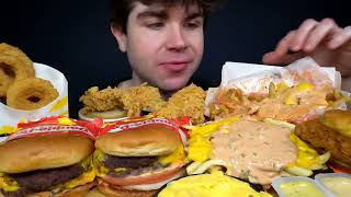 ASMR MUKBANG ANIMAL STYLE IN-N-OUT BURGERS, POPEYES CHICKEN & FRIES _ WITH CHEESE & ONION RINGS