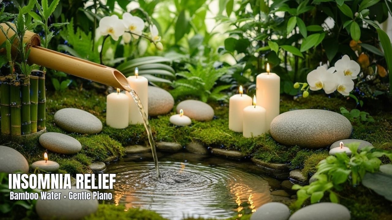 Insomnia Relief: Bamboo Fountain Sounds + Gentle Piano (No Talking) • Live Soundscape