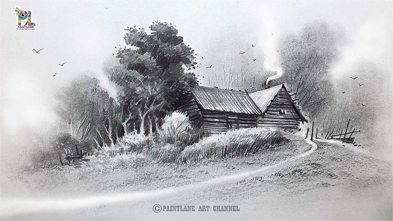 How to draw Two Wooden Houses in Landscape Art | Step by Step Pencil ...