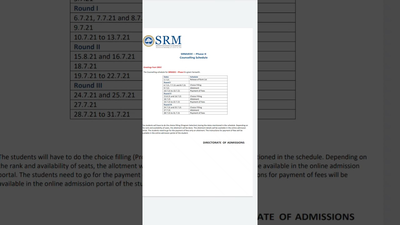 SRMJEEE PHASE 2  2021  COUNSELLING SCHEDULE RELEASED