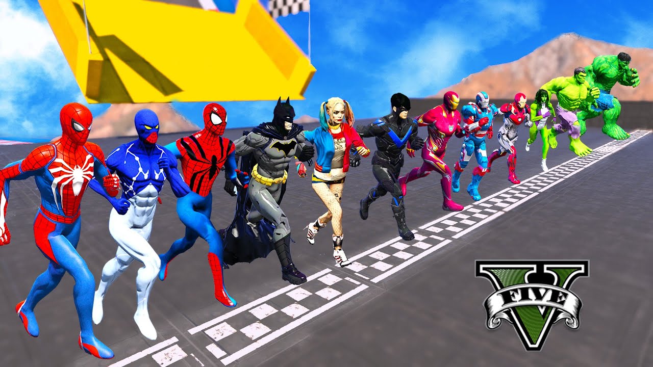 SPIDERMAN Team vs BATMAN Team vs IRNON MAN Team vs HULK Team RUNNING Challenge On Mega Ramp - GTA 5