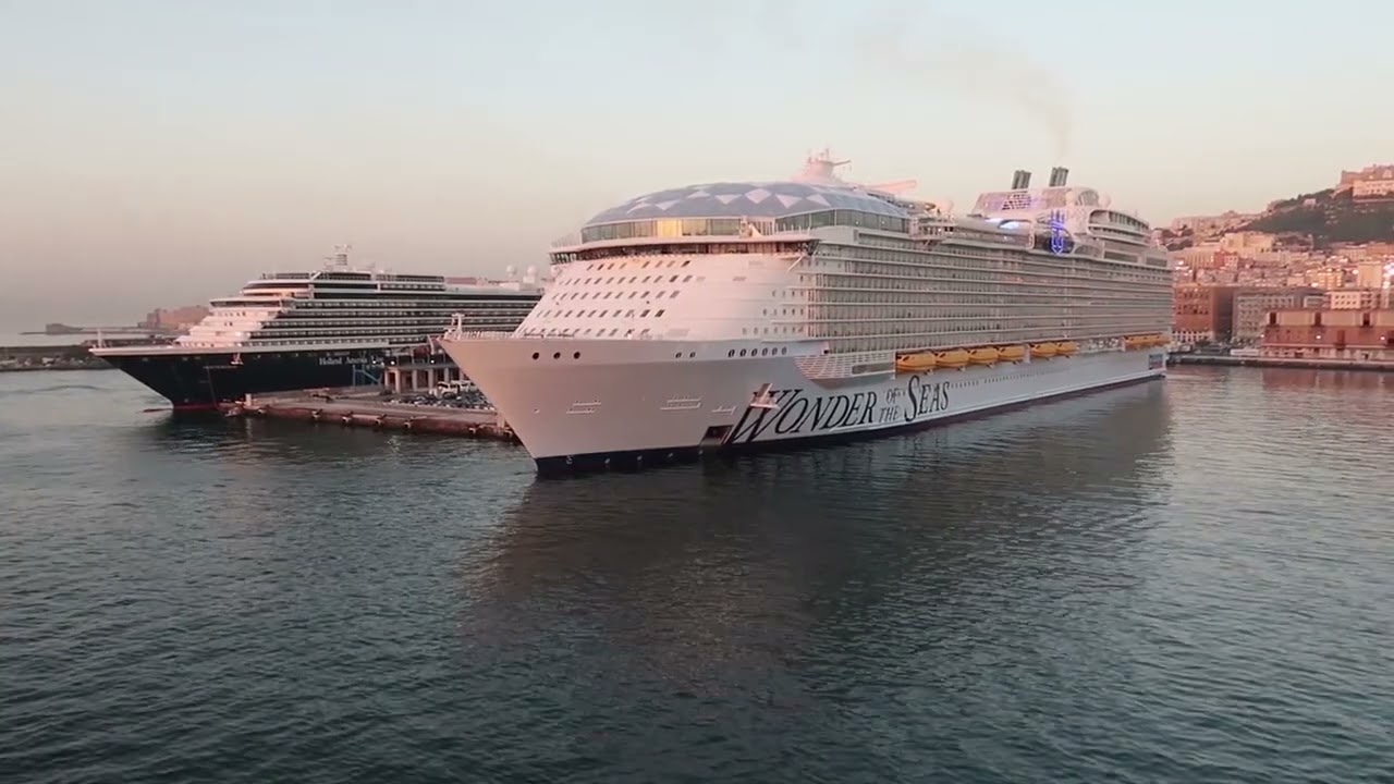 Large cruise ships docked in Naples, Italy, harbour of port