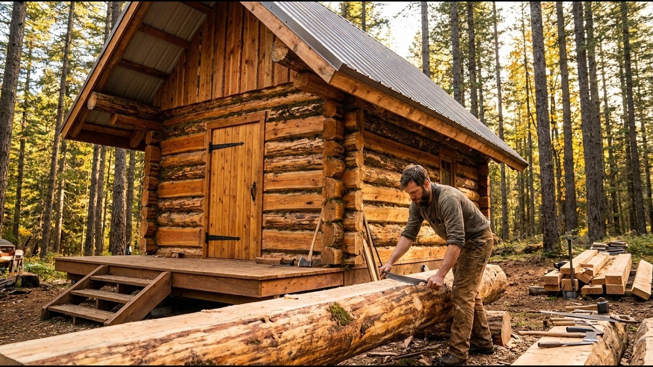 Building a Wooden House Alone with a Unique Outdoor Stove - YouTube