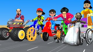 Scary Teacher 3D vs Squid Game Motorbike Driving Acrobatics Over Obstacles 5 Times Challenge