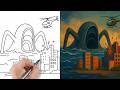 How to Draw Sea Eater Monster attacking a city