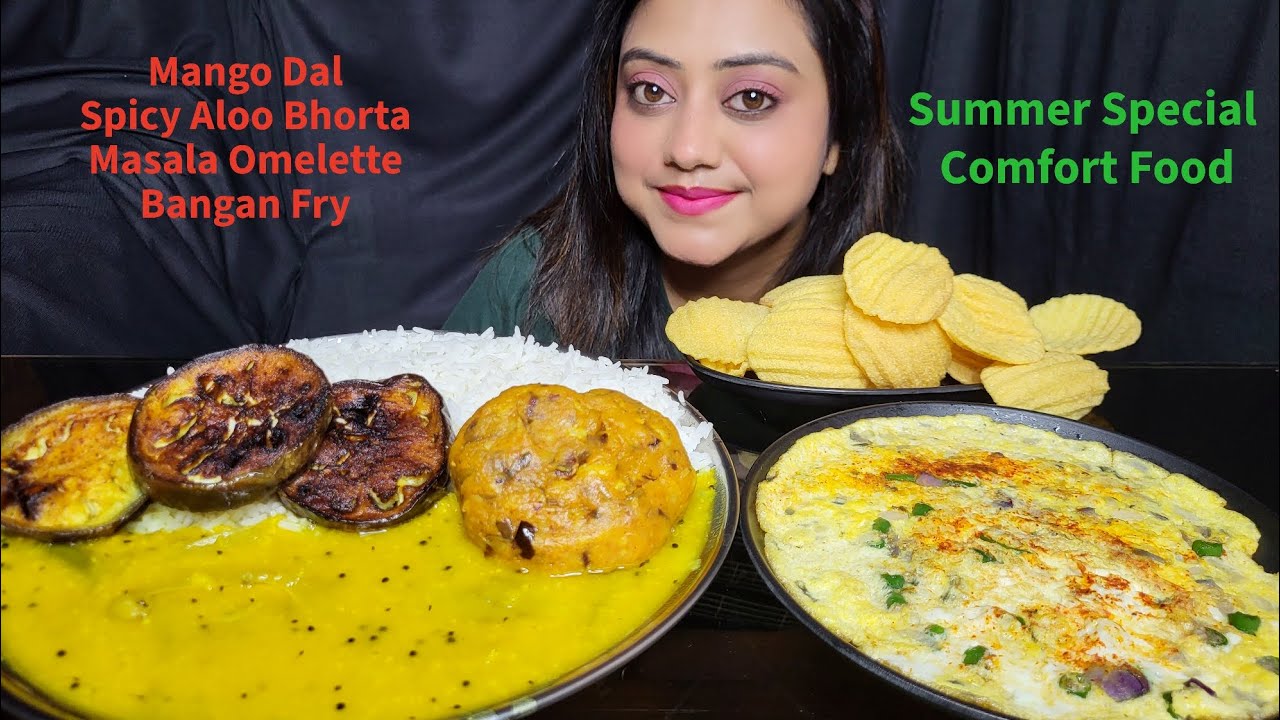 ASMR EATING Mango 🥭 Dal, Spicy Alu Bhorta, Masala omlet, Bangan Fry, Papar | Mukbang | Big Bites 