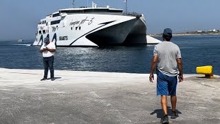 Vacation Greece Ferry Giant Catamaran Champion Jet 3 arrival & departure at Parikia, Paros Island.