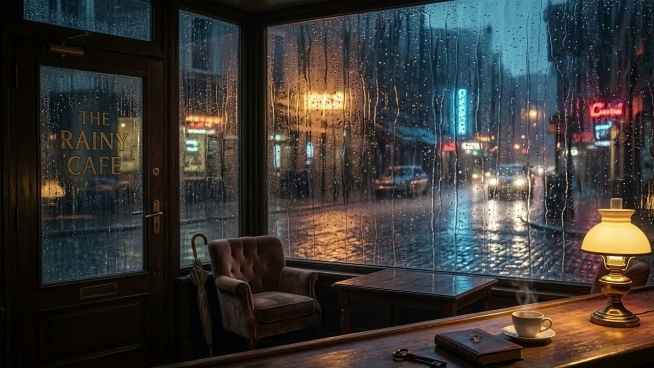 Midnight Café Sanctuary ⛈️ Warm Rhodes & Heavy Rain (1 Hour / No Vocals)