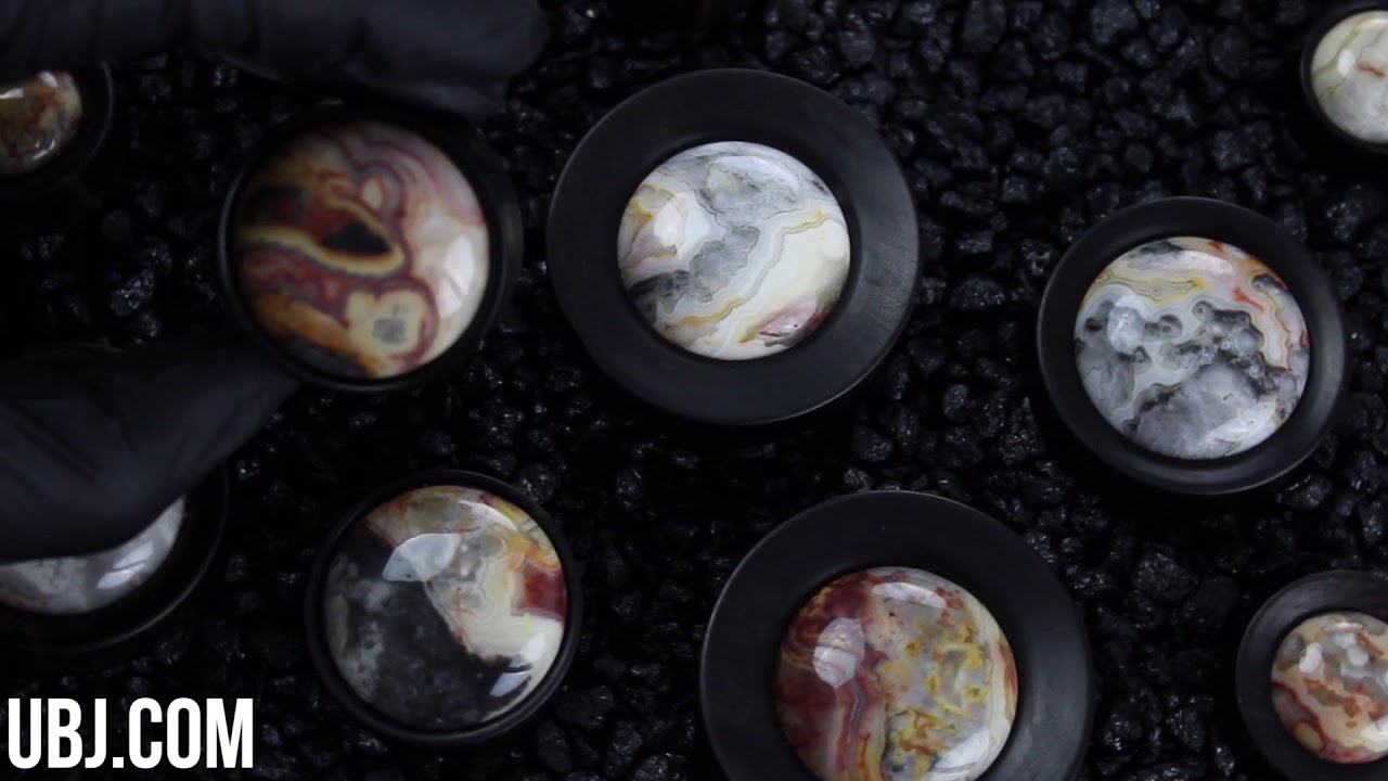 Areng Wood Plugs with Crazy Lace Agate Stone Inlays (7/8