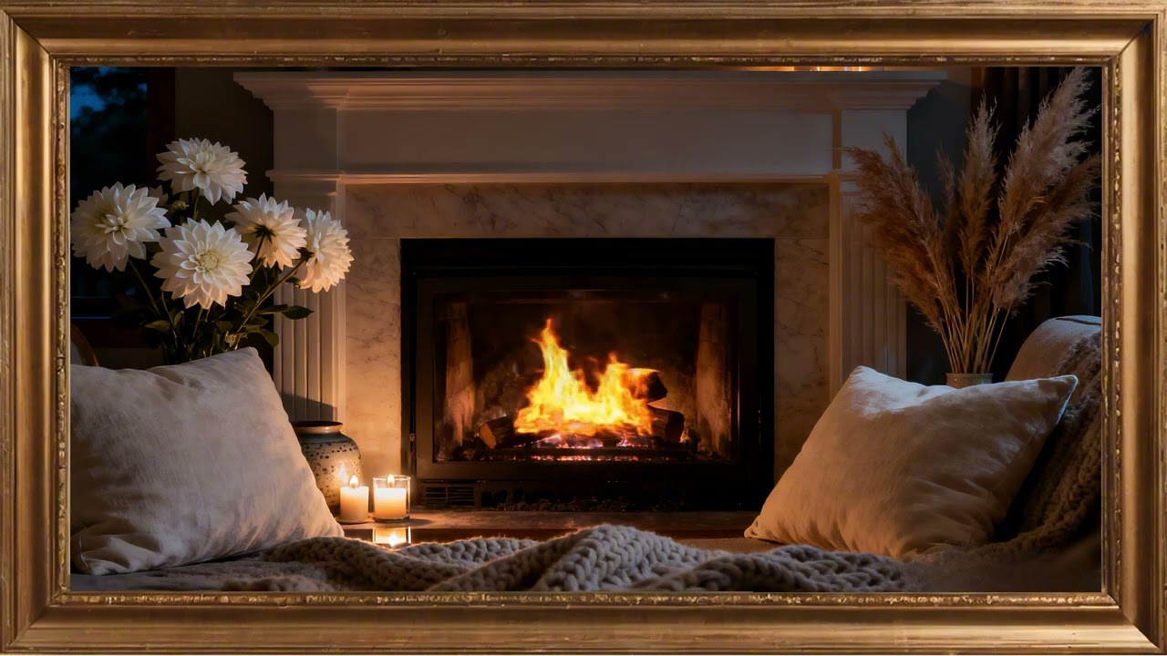 Cozy Fireplace at Night. Gold framed Vintage art screensaver. 4k TV Painting background.