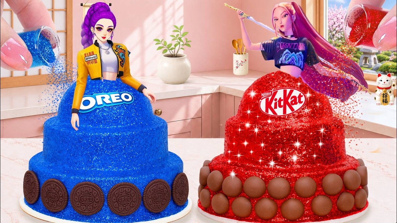 Awesome Rainbow Oreo vs KitKat Princess Cake 💙❤️ おいしいオレオ