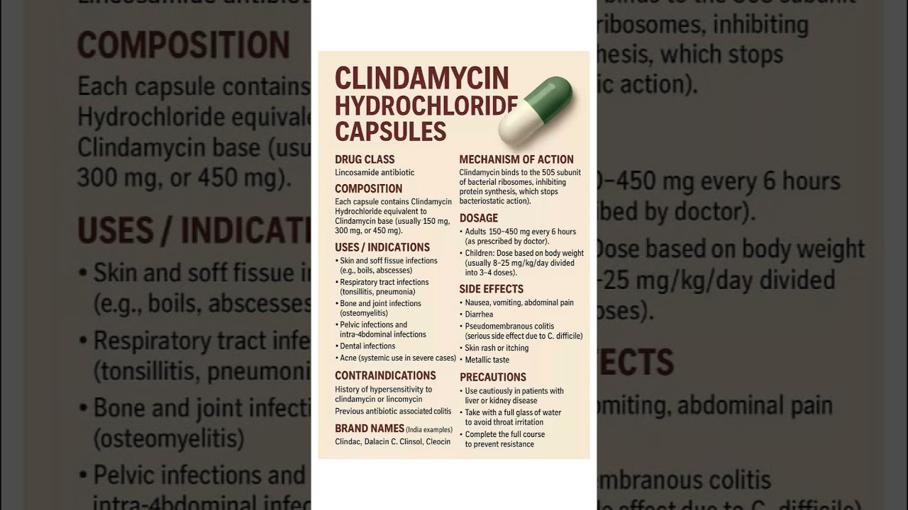 "Clindamycin 💊 | Uses, Dose & Side Effects Explained | Antibiotic Overview | #shorts"