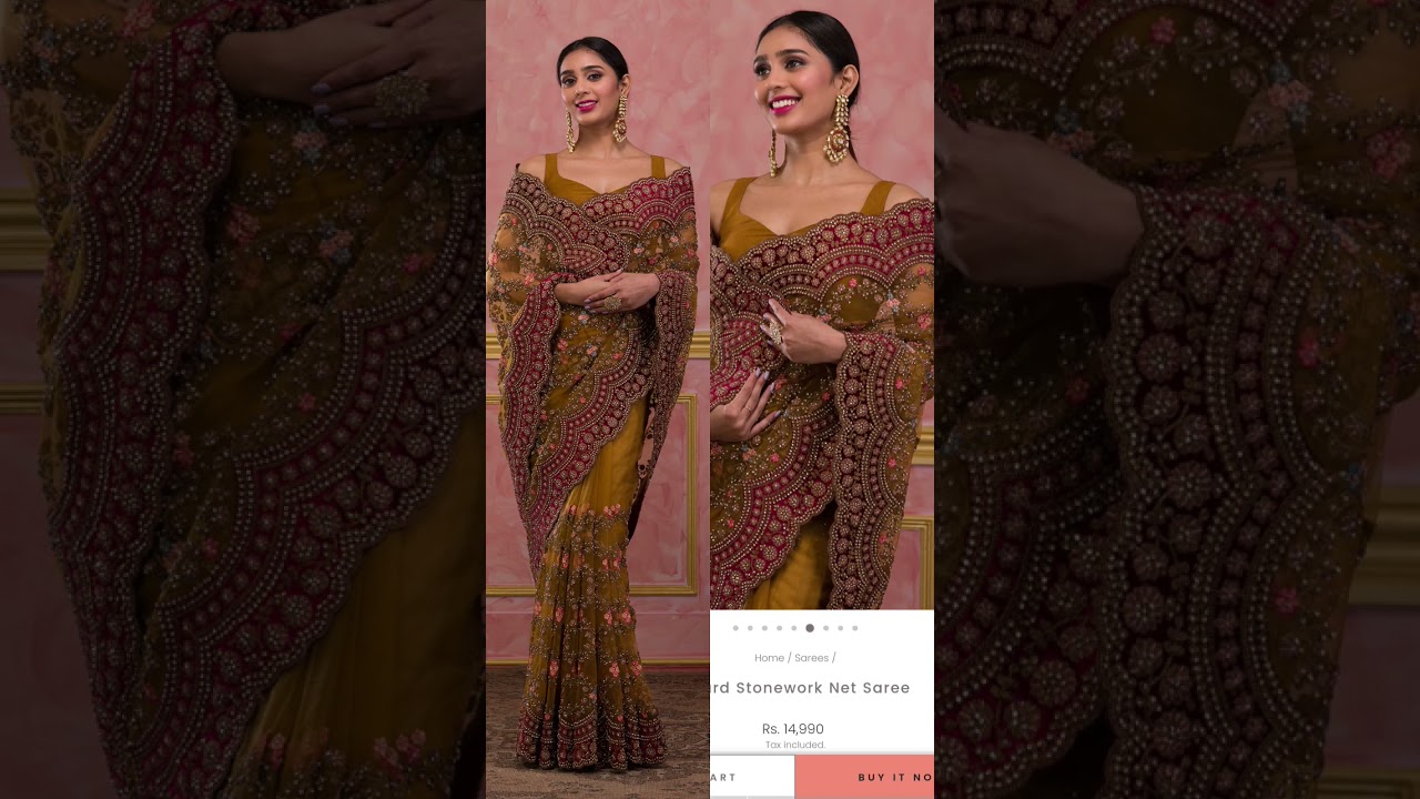 Mustard Stonework Net Saree, Shop By KOSKII 