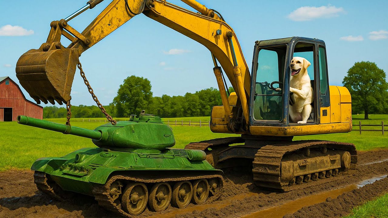 DOG FARM: Experts Pull WW2 Tank Out of River! Tank Repair at Garage! |  Construction Vehicles Story