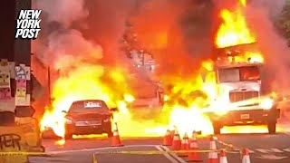 Box truck explodes into flames under elevated NYC subway station | New York Post