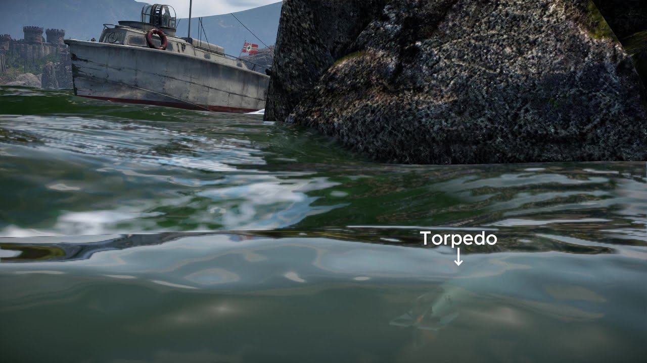 This poor little boat get kill by the splash of a torpedo 