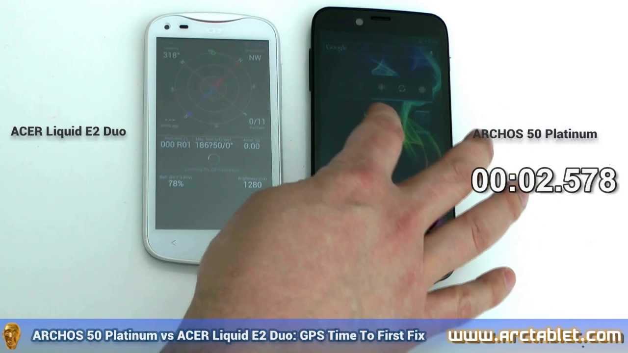 ARCHOS 50 Platinum vs Acer E2 testing GPS Time to First Fix (TTFF)
