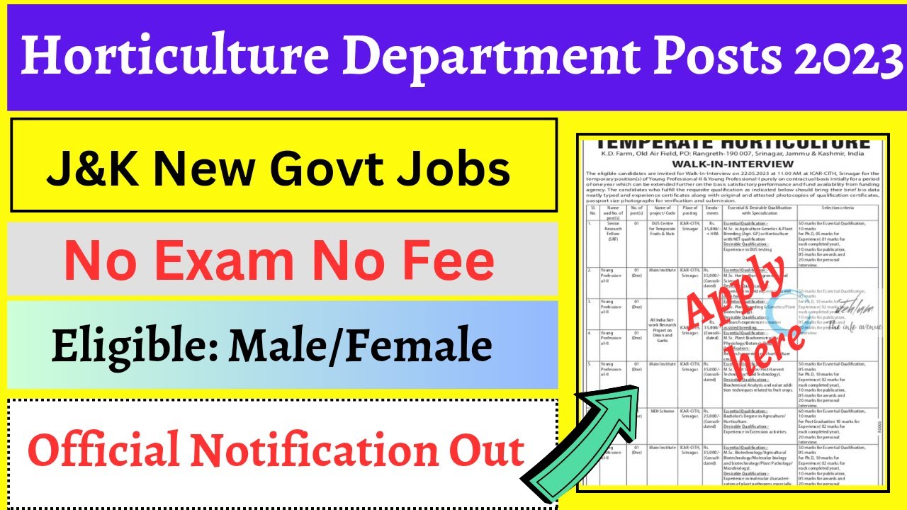 J&K Horticulture Department New Posts 2023 | J&K New Govt Jobs | No Exam No Fee |Eligible Male Femal