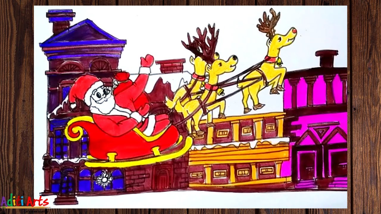 Santa Claus Drawing | Santa Sleigh Drawing | Easy Santa Drawing | Flying Santa Sleigh Drawing