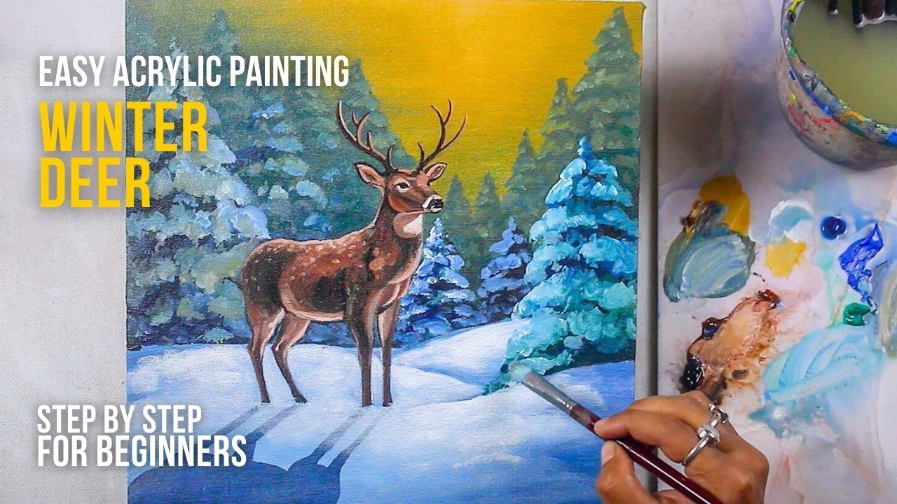 Easy Winter Deer Acrylic Painting | Snow Forest | Step by Step for Beginners