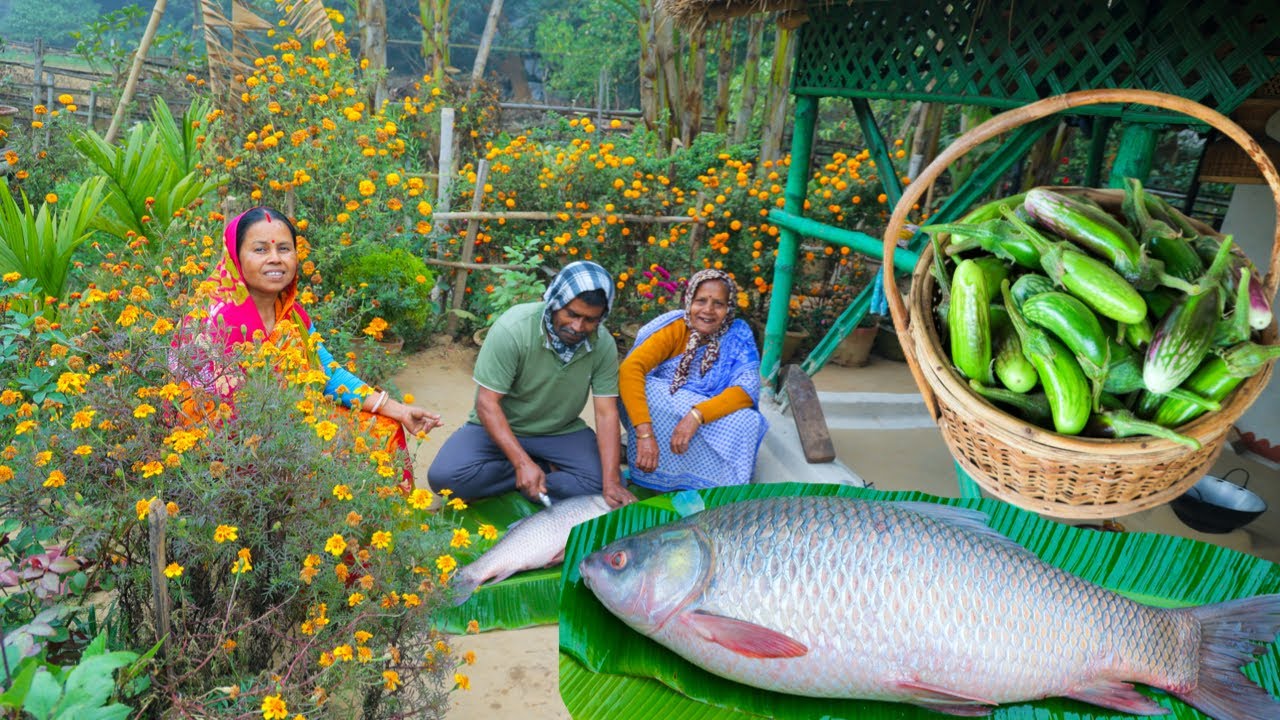 7 কেজী ওজনের রুই মাছ কেটে জিরা বাটা দিয়ে রান্না তার সাথে সোলো বেগুন দিয়ে মাছের তেল রান্না |