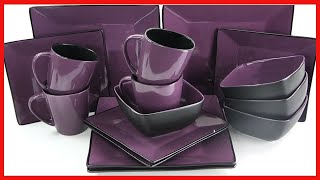 Elama Stoneware Square Dinnerware Dish Set, 16 Piece, Solid Purple