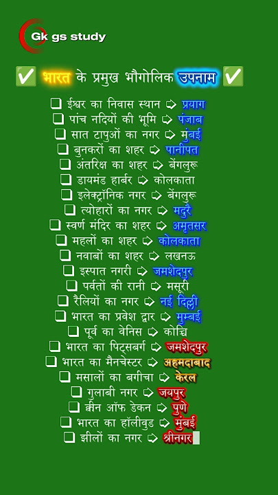 ✅ भारत के प्रमुख भौगोलिक उपनाम ✅ ||  @Gkgsstudy7d #ytshorts #video #motivation