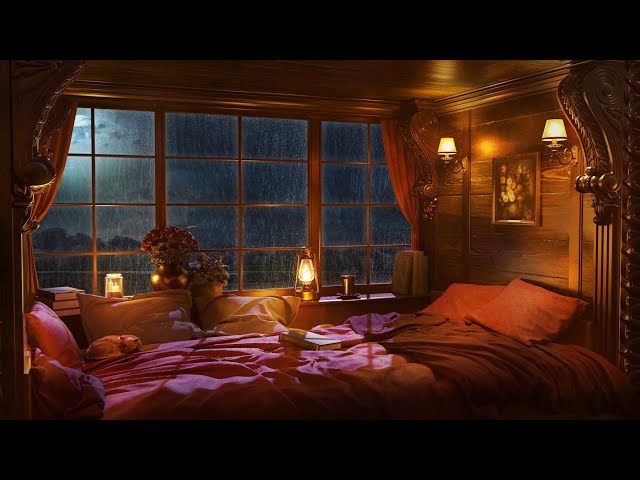 Heavy rain streaming down dark window panes at night, moody bedroom interior with warm lamp glow, perfect hypnotic atmosphere