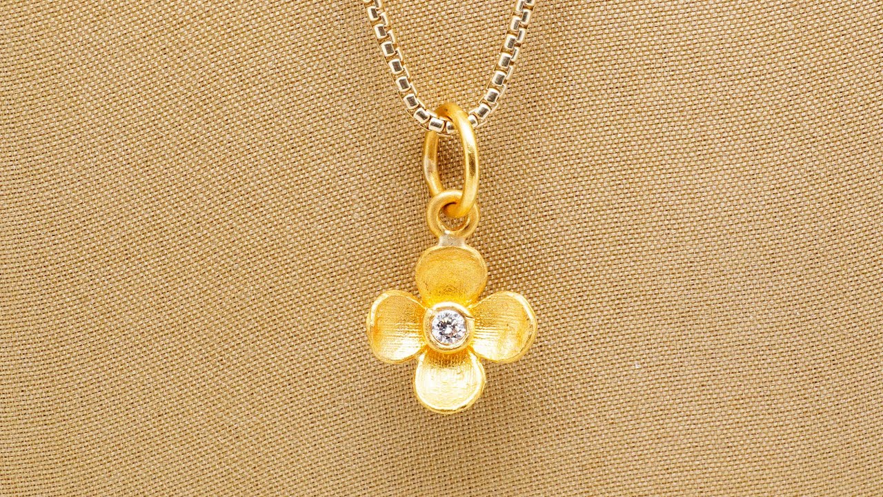 Miniature Four Petal Flower Charm Pendant Necklace with Center Diamond, 24kt Solid Gold