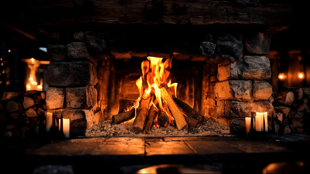 Aesthetic Cozy Cabin Fireplace Ambience 4K (12 Hours) with Soft Crackling Logs for Relaxation