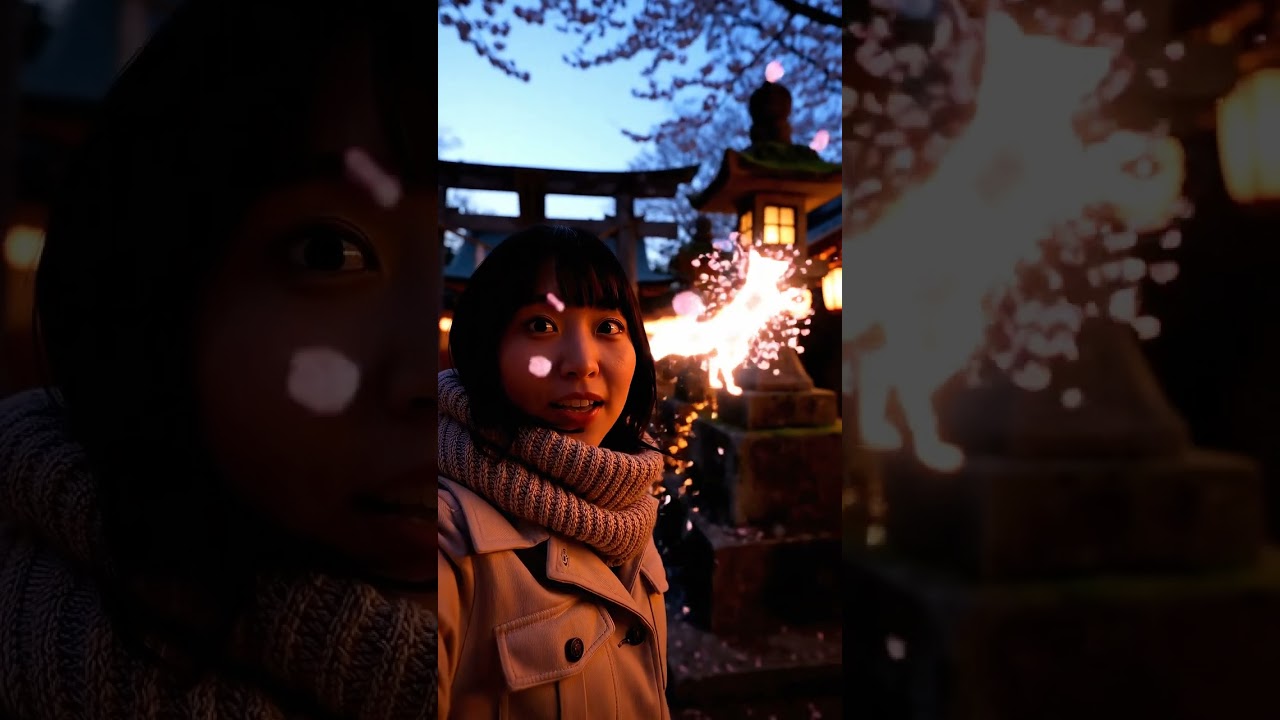 Japanese vlogger films a spectral kitsune dancing amidst glowing cherry blossoms.