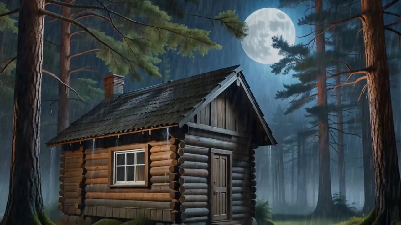 Rainy Night at Log Cabin - Heavy Rain & Moonlight Ambience for Deep Sleep - Relaxing Nature Sounds